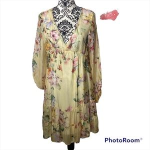 Bellambra NWT Silk Blend Tiered Hem Mini  Floral Dress Pale Yellow Medium